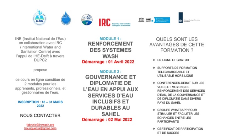 Formation gratuite IRC WASH. Inscription jusqu’au 31 Mars 2021.